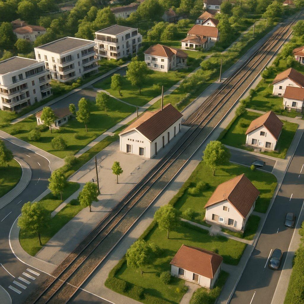 Vue aérienne réaliste de la gare des Abrets entourée d’un nouveau quartier résidentiel moderne avec espaces verts lumineux.