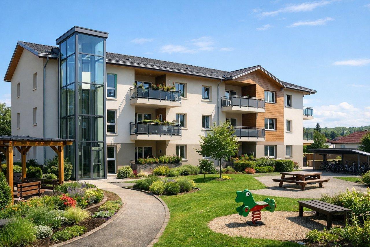 Vue d’ensemble réaliste d’un immeuble résidentiel moderne aux Abrets avec ascenseur et espaces communs entretenus.