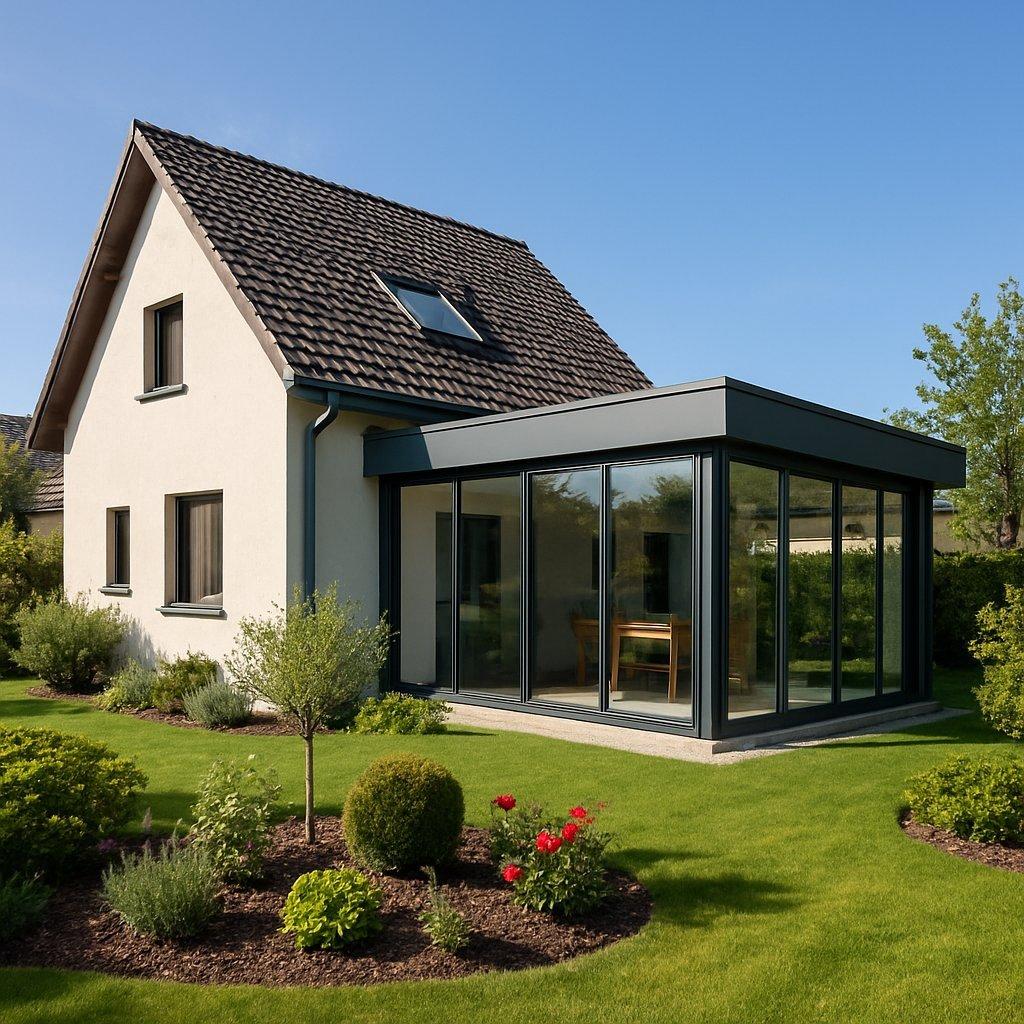 Vue extérieure d’une maison moderne aux Abrets avec extension lumineuse et combles aménagés, jardin soigné.