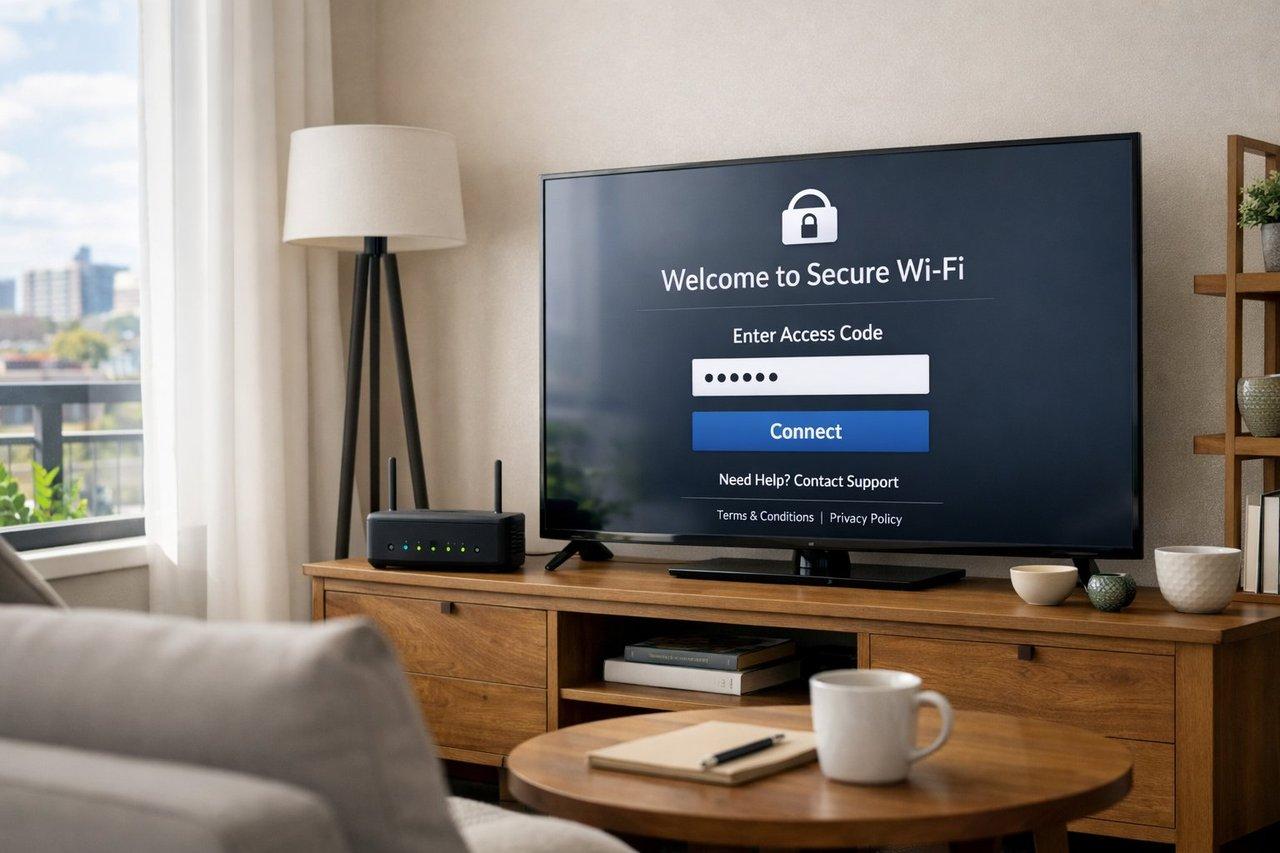 Vue intérieure d’un appartement meublé moderne avec box internet et portail captif wifi sécurisé.