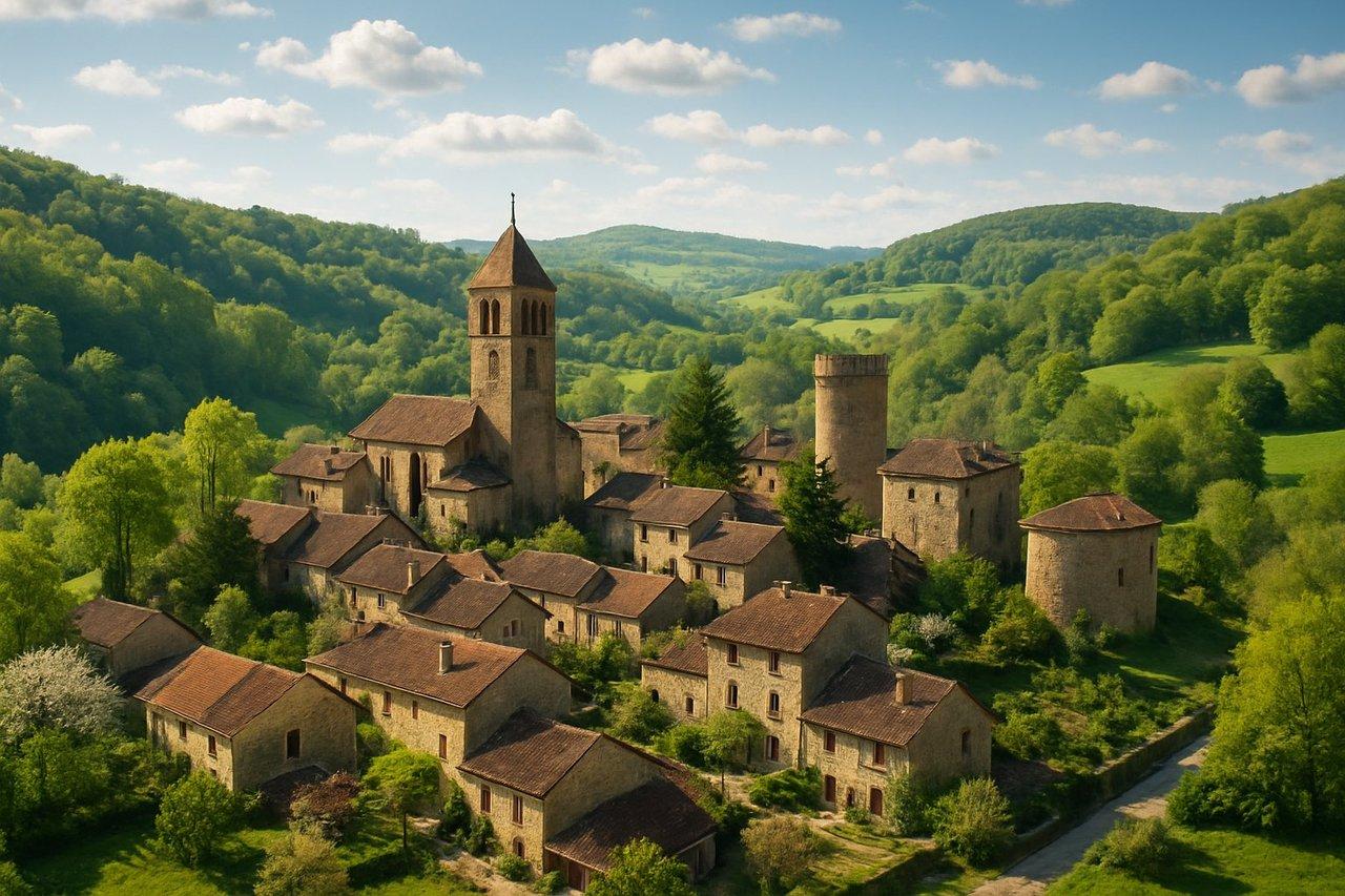 Vue panoramique lumineuse au printemps d’un village médiéval du Nord-Isère entouré de forêts verdoyantes.