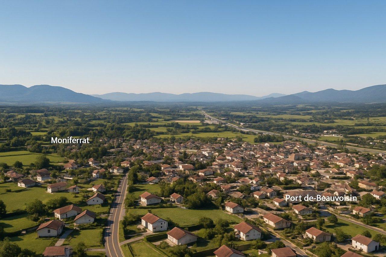 Vue panoramique réaliste des quartiers Montferrat et Pont-de-Beauvoisin avec accès autoroutier et espaces verts.