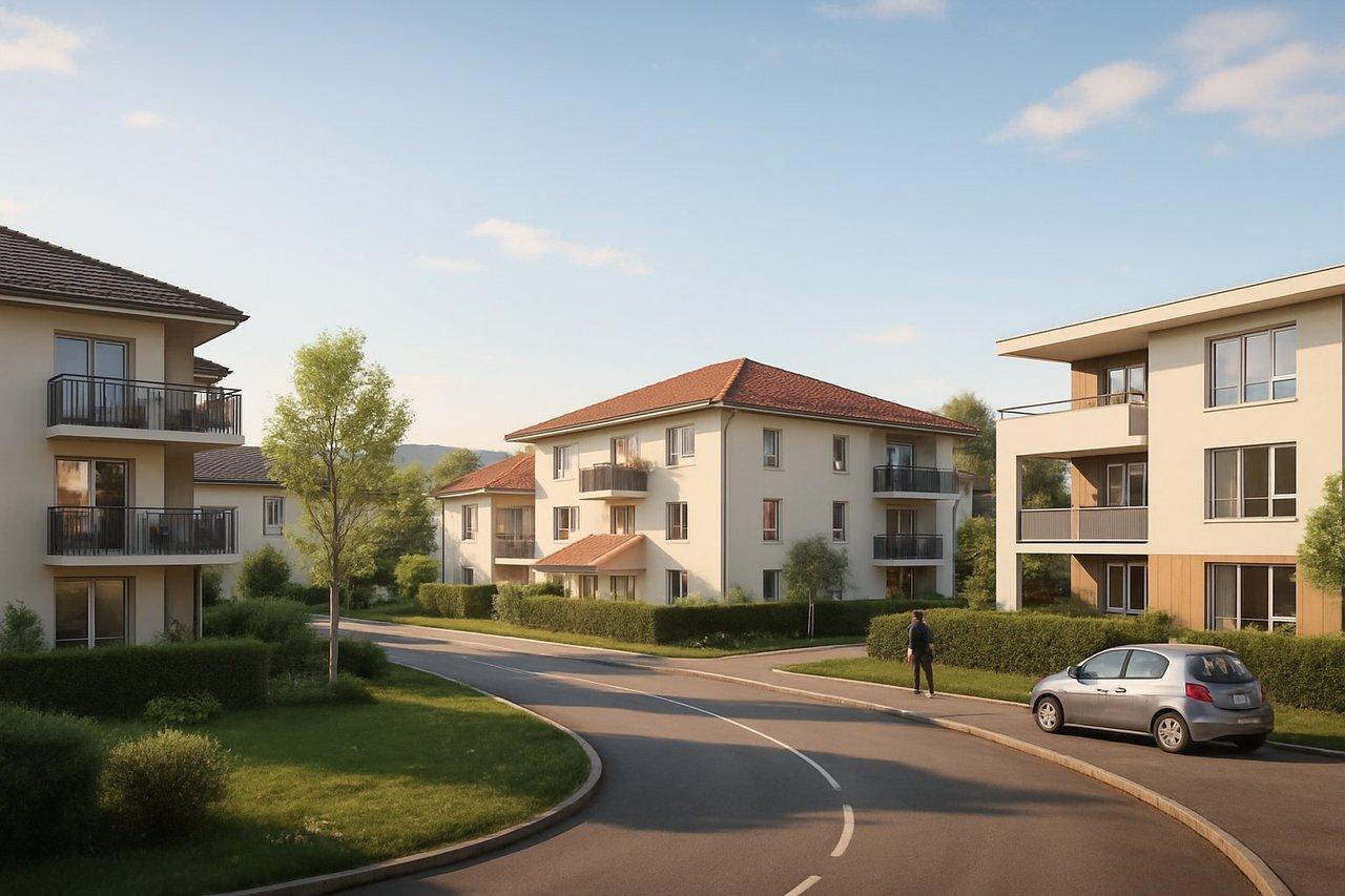 Vue panoramique réaliste d’un quartier résidentiel aux Abrets en 2026, appartements T3 variés et ambiance calme.