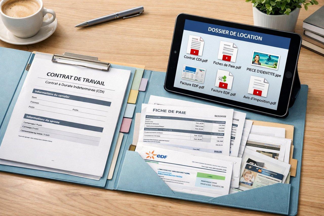 Vue rapprochée d’un dossier de location organisé avec contrat CDI, pièces justificatives papier et numériques dans un bureau moderne.